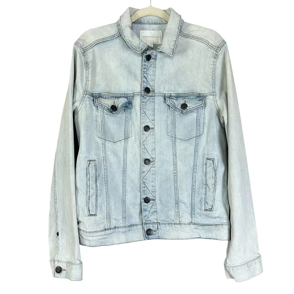 Aeropostale Men Jean Jacket Size M Light Blue Trucker Style Stone Washed Denim